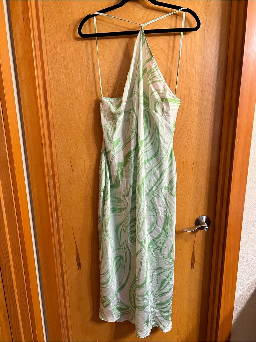 🎨 ASOS Green and White Marble-Print Satin Halter Midi Slip Dress